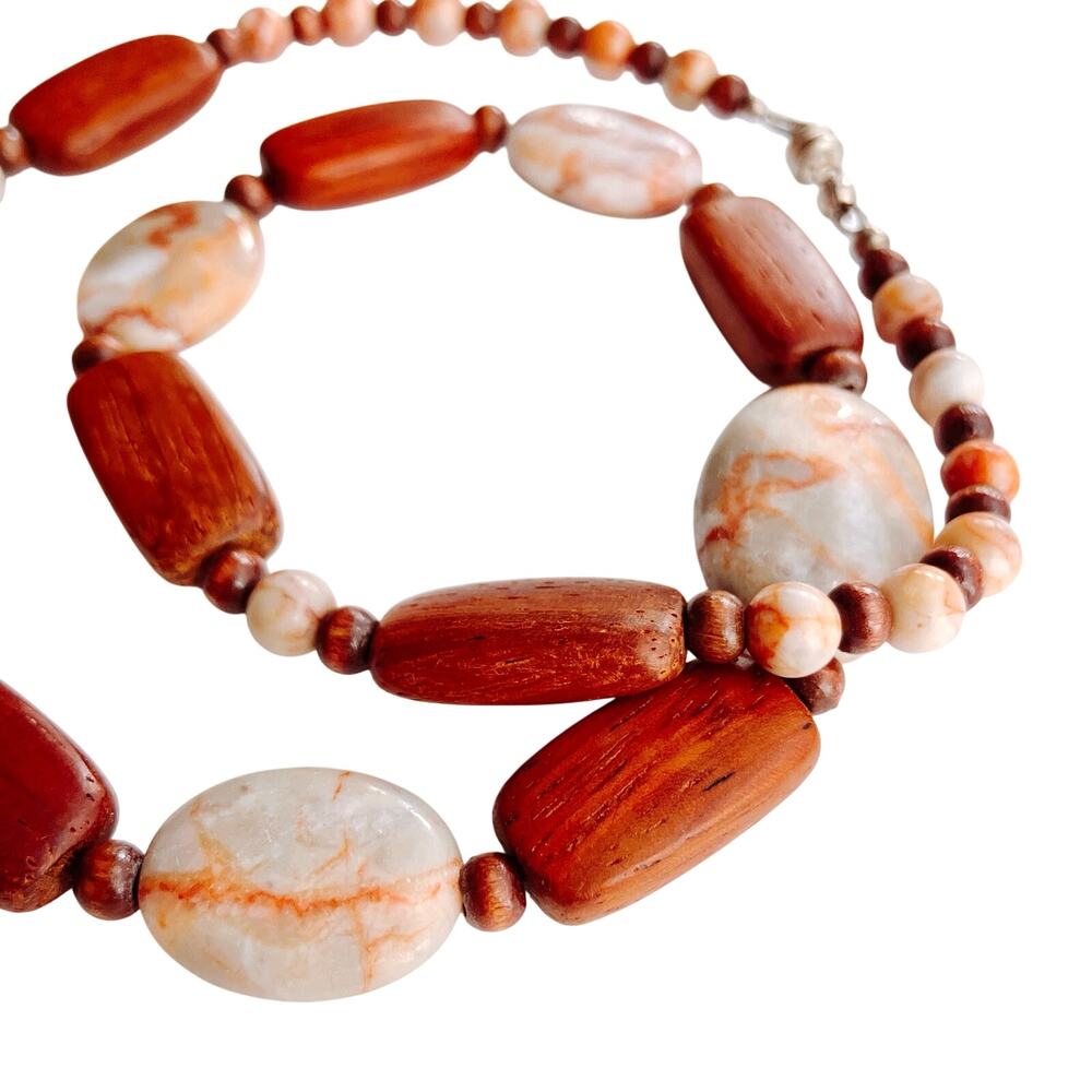 Vintage OOAK Redline Marble Padauk Wood Beaded Necklace Artisan Boho Southwest